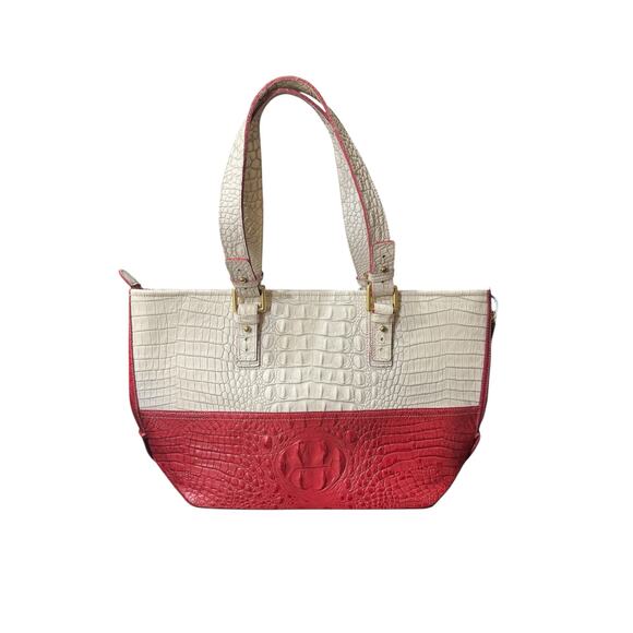 Brahmin Red Cream Croc Embossed Leather Tote Shoulder Bag Structured + dust bag - Picture 1 of 12